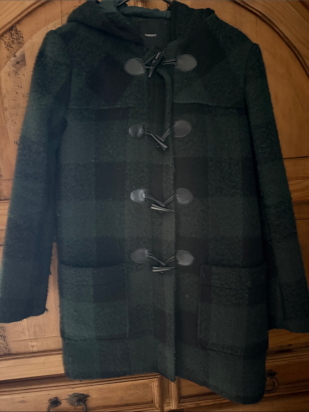 Forever 21 Dark Green Plaid Hooded Toggle Pea Coat